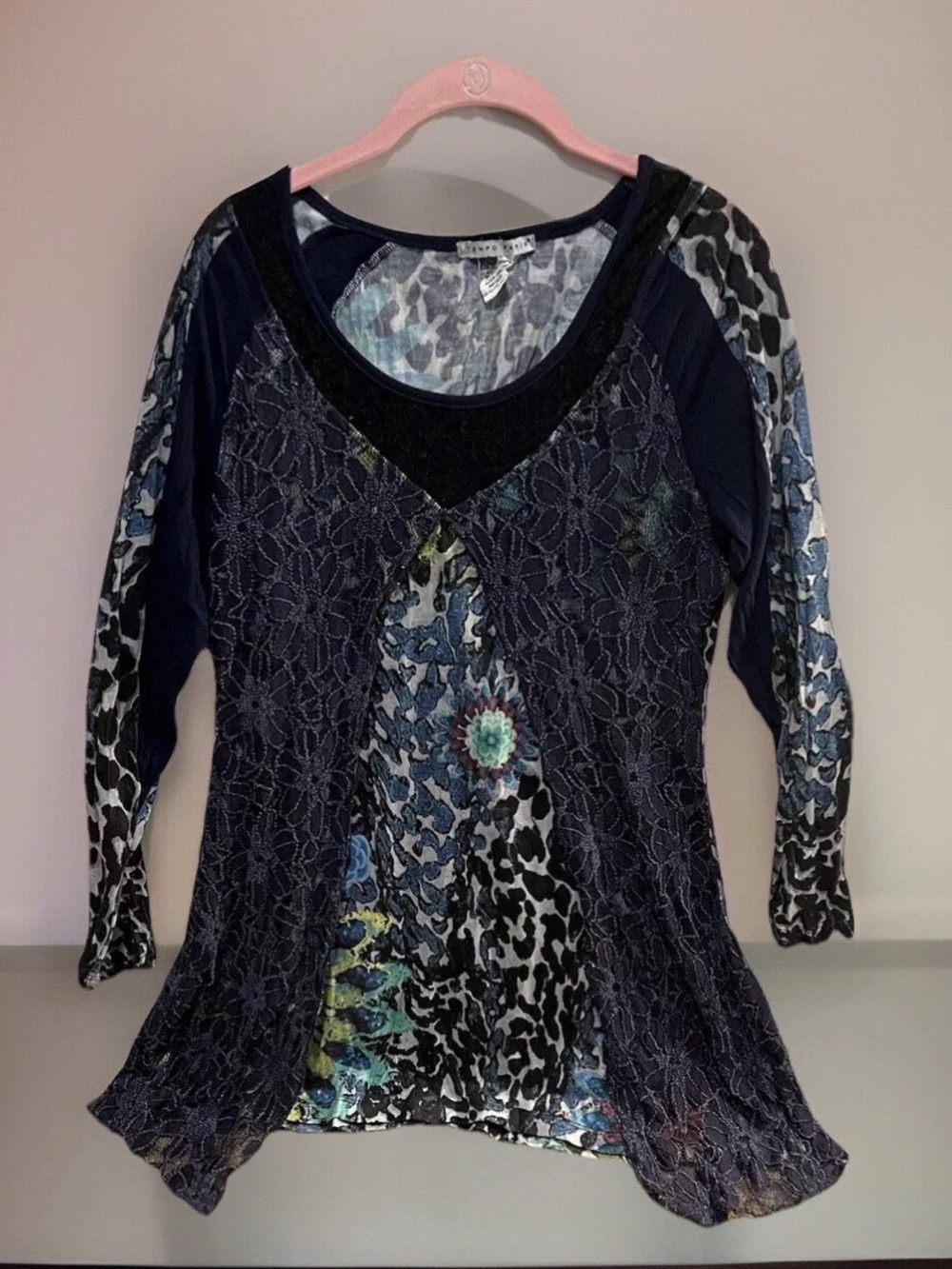 Tempo Paris Navy Mixed-Print Lace Overlay Tunic